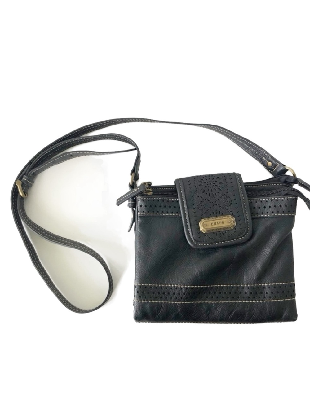 Chaps Faux Leather Organizational Crossbody Bag Dainty Cutouts Snap Zip Closure